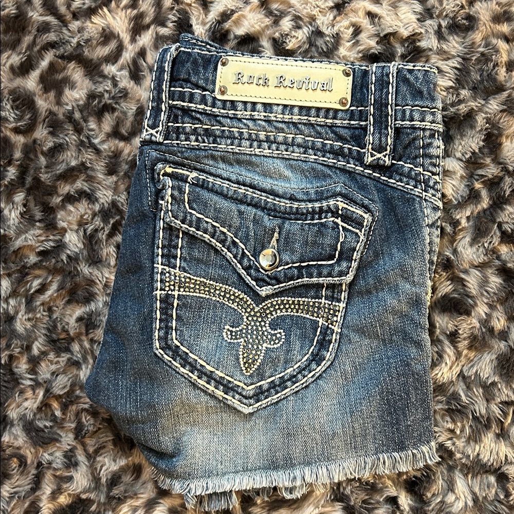 Rock Revival 30 Blue Denim Shorts with White Stitching